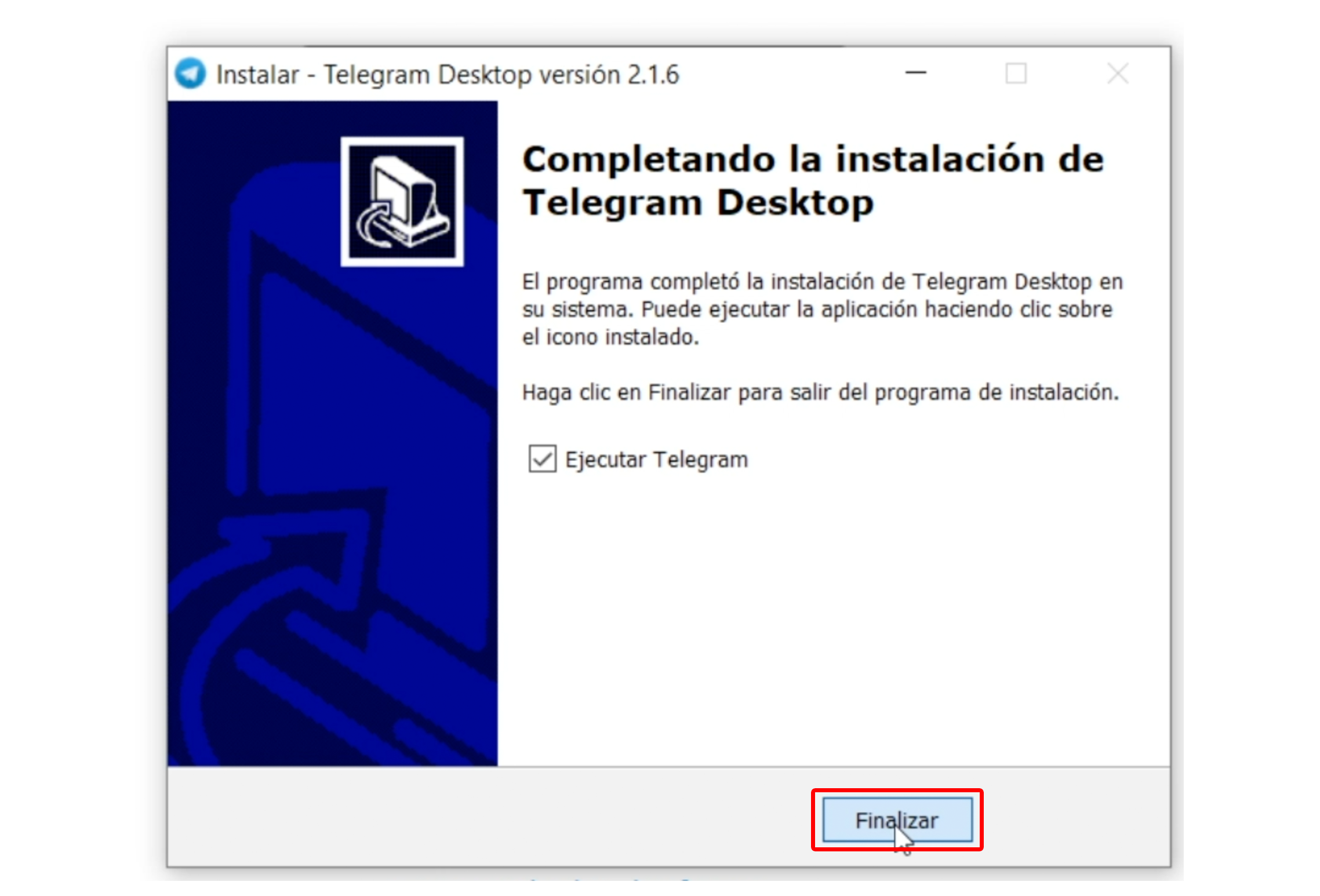 Te saldrá una pequeña ventana solicitando ejecutar la aplicación, allí haz clic en Finalizar.